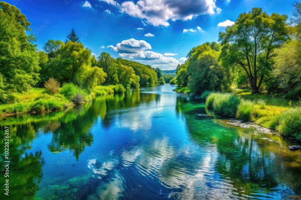 Tranquil River Scene Surrounded by Lush Greenery Under a Clear Blue Sky on a Peaceful Day Tranquil River Scene Surrounded by Lush Greenery Under a Clear Blue Sky on a Peaceful Day