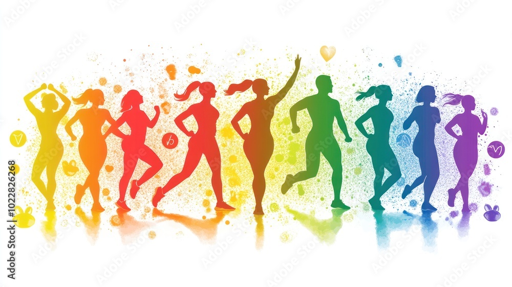 A colorful silhouette illustration of diverse individuals engaged in various fitness activities. A colorful silhouette illustration of diverse individuals engaged in various fitness activities.
