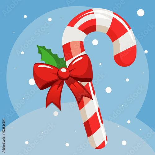 A classic red and white striped candy cane tied with a decorative red bow, set against a snowy background