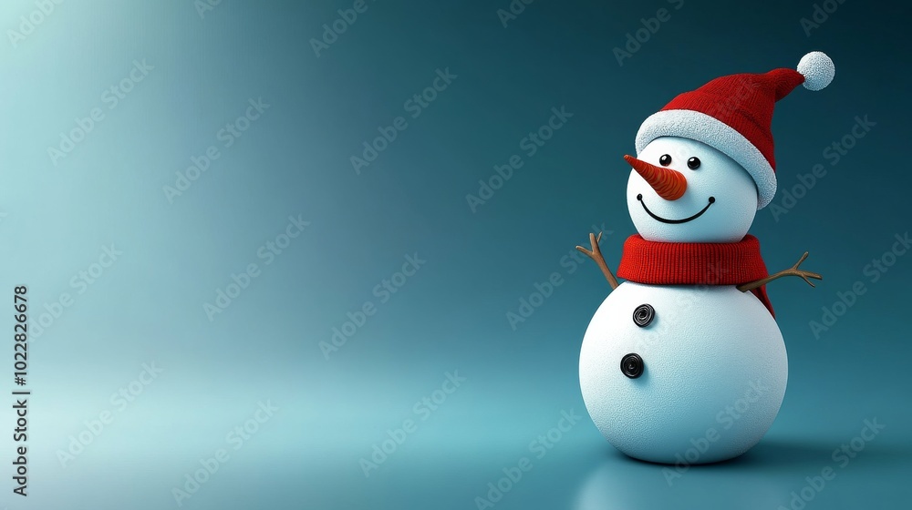 A snowman with a red scarf and a santa hat is standing on a blue background A snowman with a red scarf and a santa hat is standing on a blue background