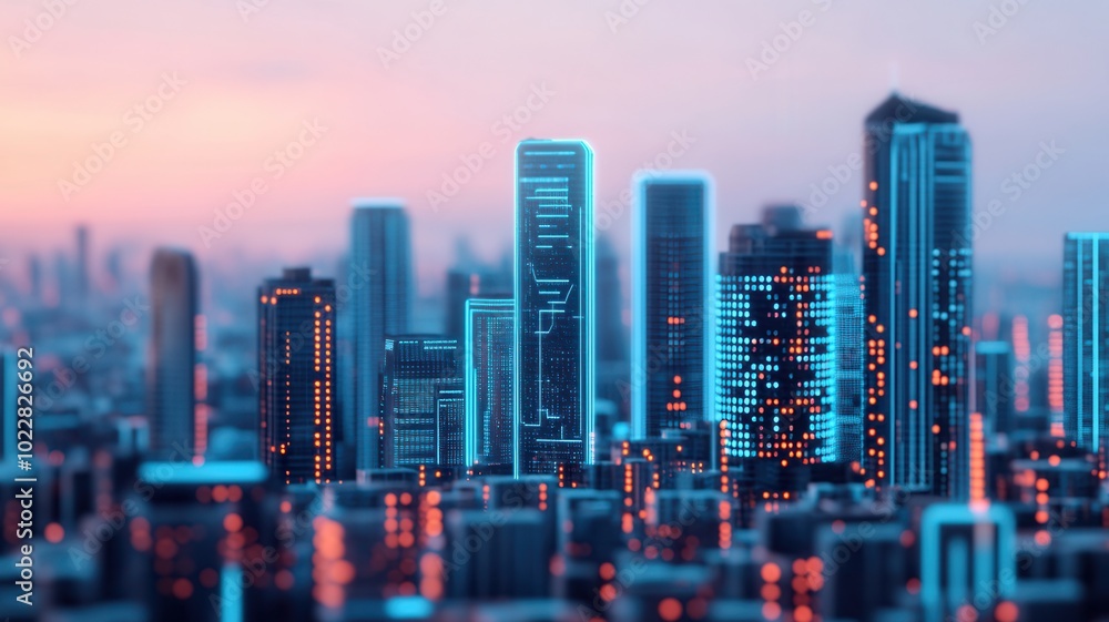 Naklejka premium Modern city skyline at dusk with illuminated buildings and vibrant colors.