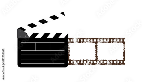 Clapper board, vintage 35mm film reel vector design isolated on white. Filmstrip movie production icon illustration to use for motion picture, entertainment, cinema, film project.