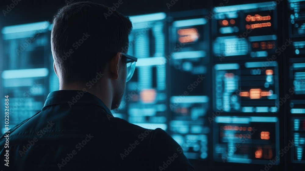 Person monitoring data on multiple screens in a dark environment. Person monitoring data on multiple screens in a dark environment.