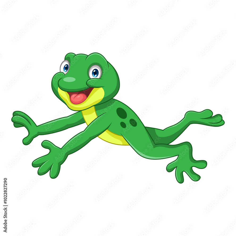 Obraz premium Cartoon funny frog leaping on white background