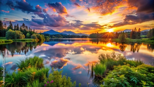 Tranquil sunset over a serene lake surrounded by lush greenery and distant mountains in twilight