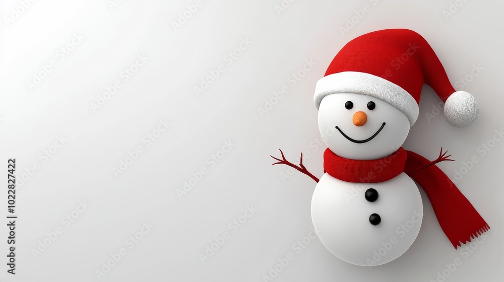 A snowman with a red hat and scarf is smiling A snowman with a red hat and scarf is smiling