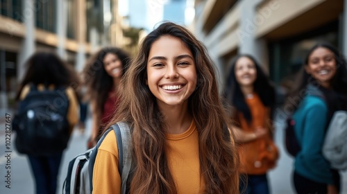 Group of smiling young women walking outside with backpacks in an urban setting, featuring a close-up of one woman in focus.