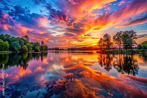 Tranquil sunset over calm lake with vibrant colors reflecting on the water and surrounding trees