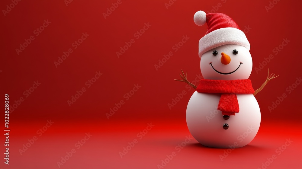 A snowman with a red scarf and a santa hat is standing on a red background A snowman with a red scarf and a santa hat is standing on a red background