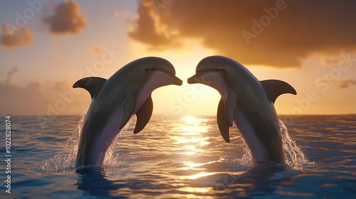 A pair of pink dolphins rise from the ocean, forming a heart shape with their bodies mid-jump, in a playful and romantic scene. photo