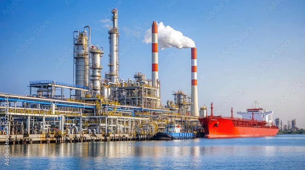 Industrial Plant and Ship in Modern Harbor Scene Industrial Plant and Ship in Modern Harbor Scene