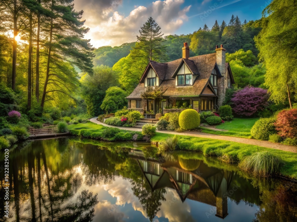 Fototapeta premium Tranquil Woodland Retreat: A Serene House Surrounded by Lush Green Trees and Nature's Beauty