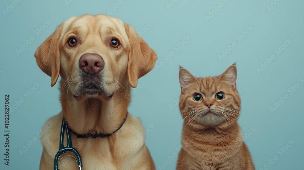 Cute Labrador dog with stethoscope as veterinarian and cat on light blue background : Generative AI Cute Labrador dog with stethoscope as veterinarian and cat on light blue background : Generative AI