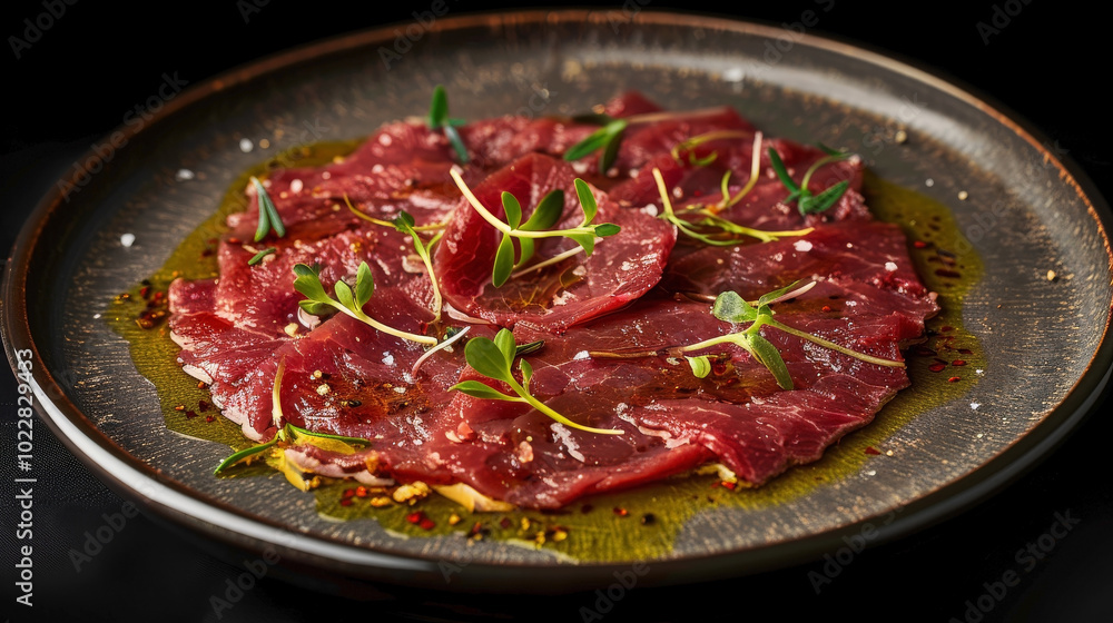 Mediterranean Beef Carpaccio on a plate centered against a black background, emphasizing its delicate presentation. Mediterranean Beef Carpaccio on a plate centered against a black background, emphasizing its delicate presentation.