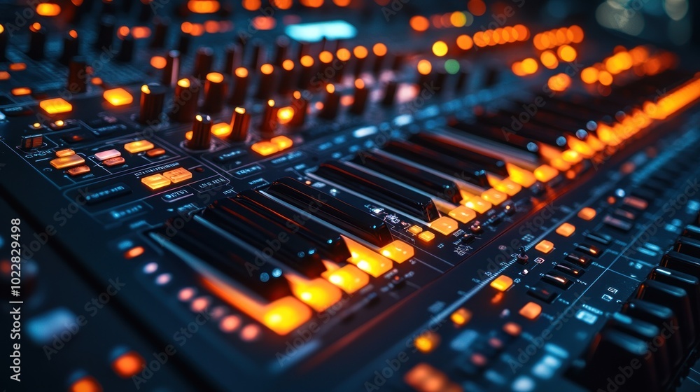Close-up of a synthesizer with glowing controls and keys. Close-up of a synthesizer with glowing controls and keys.