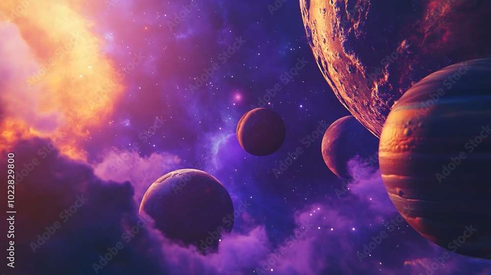 surreal space scene featuring multiple planets with vivid textures and unique surface patterns, floating amidst colorful nebulae and scattered stars. The planets vary in size, with a glowing surreal space scene featuring multiple planets with vivid textures and unique surface patterns, floating amidst colorful nebulae and scattered stars. The planets vary in size, with a glowing