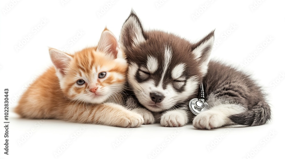 Siberian Husky puppy with stethoscope on his neck huggs british kitten isolated on white background : Generative AI Siberian Husky puppy with stethoscope on his neck huggs british kitten isolated on white background : Generative AI