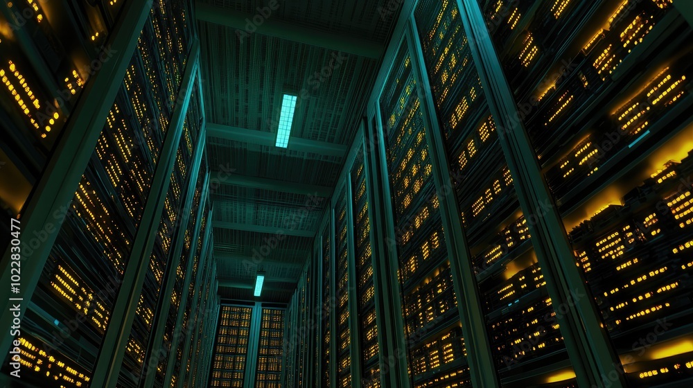 Obraz premium Illuminated Data Center with Rack Servers at Night