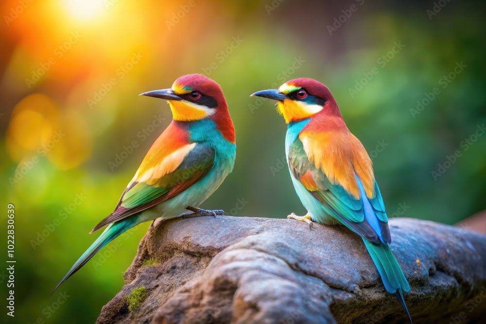 Two Birds on a Stone: Nature's Harmony Captured in a Serene Outdoor Setting with Soft Lighting Two Birds on a Stone: Nature's Harmony Captured in a Serene Outdoor Setting with Soft Lighting
