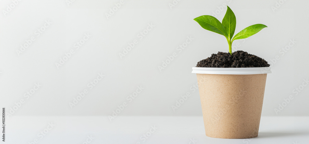 Green plant growing in brown pot on white table, symbolizing growth and sustainability. Green plant growing in brown pot on white table, symbolizing growth and sustainability.