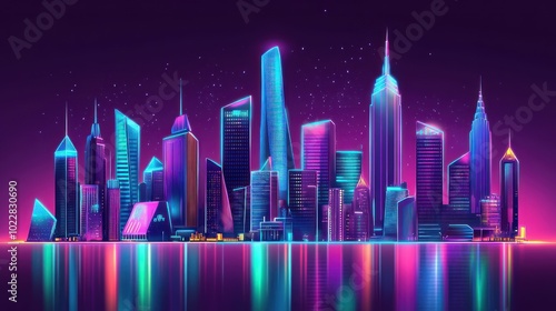A vibrant, futuristic city skyline illuminated with neon colors against a dark background.