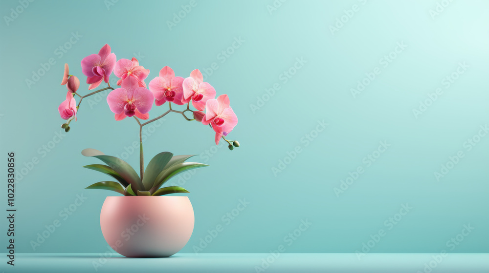 Pink Orchid in a Pot on Blue Background Pink Orchid in a Pot on Blue Background