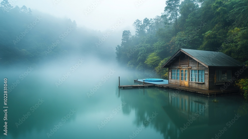 Obraz premium Misty Cabin by the Lake