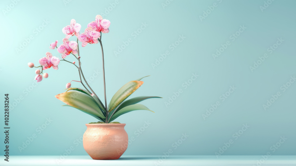 Pink Orchid in a Pot on a Light Blue Background Pink Orchid in a Pot on a Light Blue Background