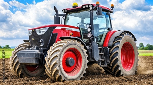 A tractor working the field, with rich soil in the foreground and a breathtaking countryside backdrop. A peaceful rural scene.