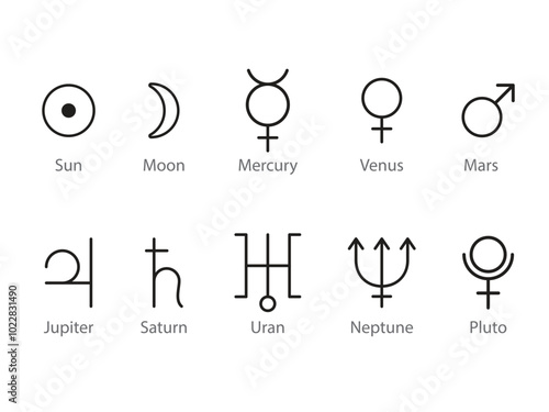 Astrological symbols of the planets - Sun, Moon, Mars, Venus, Mercury, Uranus, Saturn, Jupiter, Pluto, Neptune. Vector illustration isolated on white background