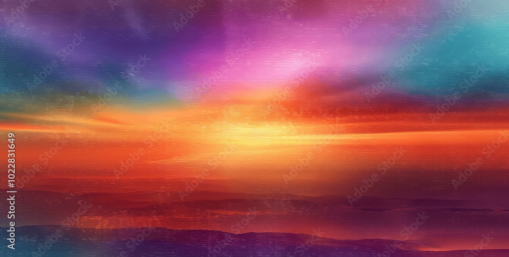 Impressionist Sunset Gradient Background with Grainy Texture and Vibrant Colors, Retro Film Photography Effect, Blurred Edges and Bokeh City Lights