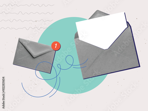 Paper envelopes with a note indicating that the letter has been read and paper sheet. Modern collage vector illustration