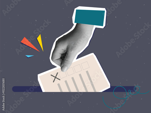 Hand putting a form in a ballot box. Vector illustration in a modern collage style