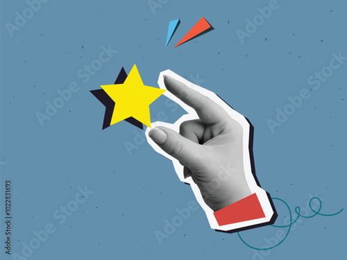 User experience - the hand puts the star. Service rating. Vector illustration in a modern collage style