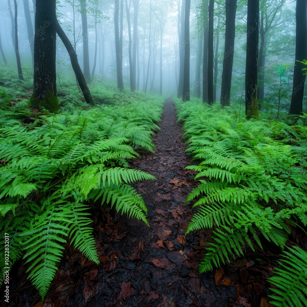 Misty forest path lined with lush ferns and tall trees, creating a serene atmosphere. Misty forest path lined with lush ferns and tall trees, creating a serene atmosphere.