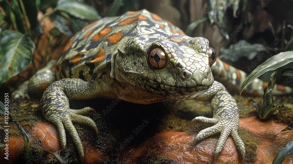 Fototapeta premium A vibrant frog resting on a rock amidst lush greenery.
