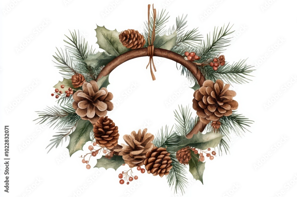 Fototapeta premium A rustic wreath adorned with pinecones and evergreen foliage on a white isolated background.