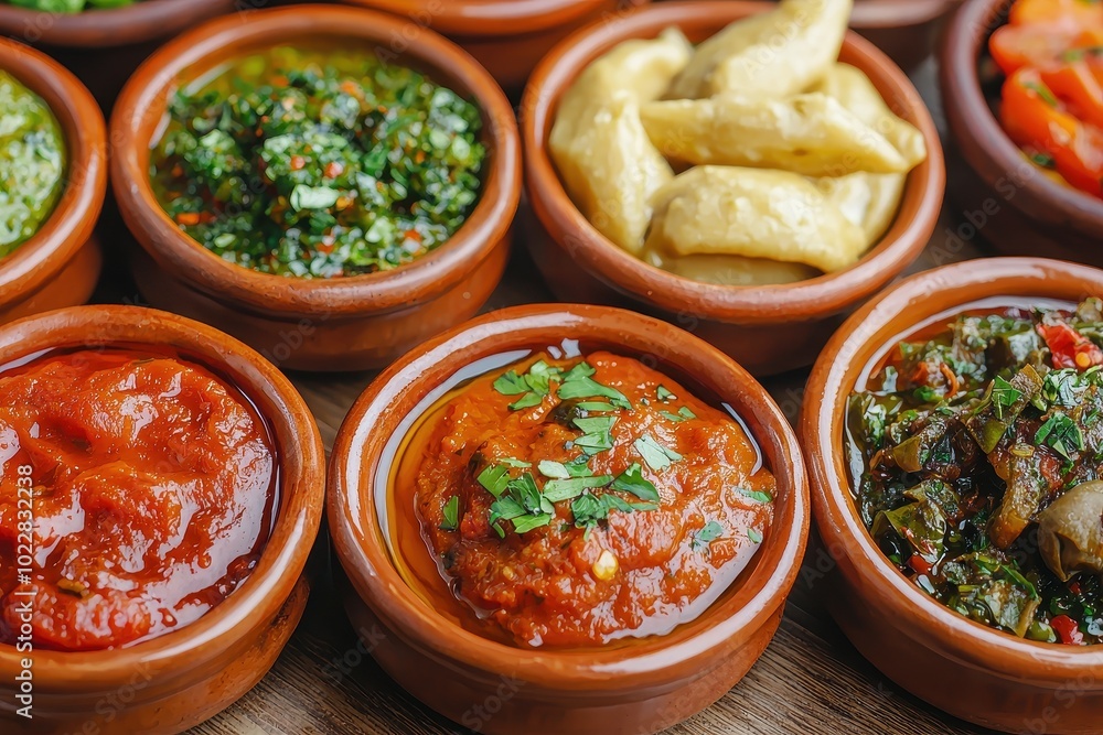 Assorted sauces and dips in clay bowls on a wooden table, colorful and flavorful. Assorted sauces and dips in clay bowls on a wooden table, colorful and flavorful.