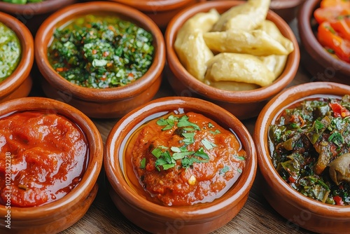 Assorted sauces and dips in clay bowls on a wooden table, colorful and flavorful.