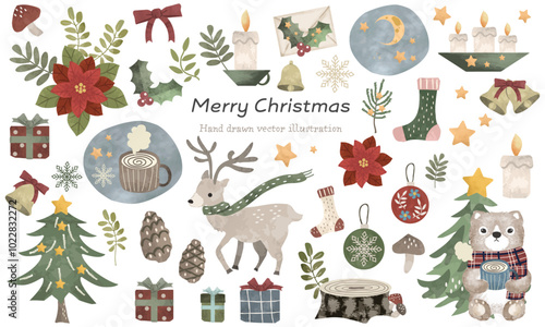 かわいい手描きのクリスマス素材セット
