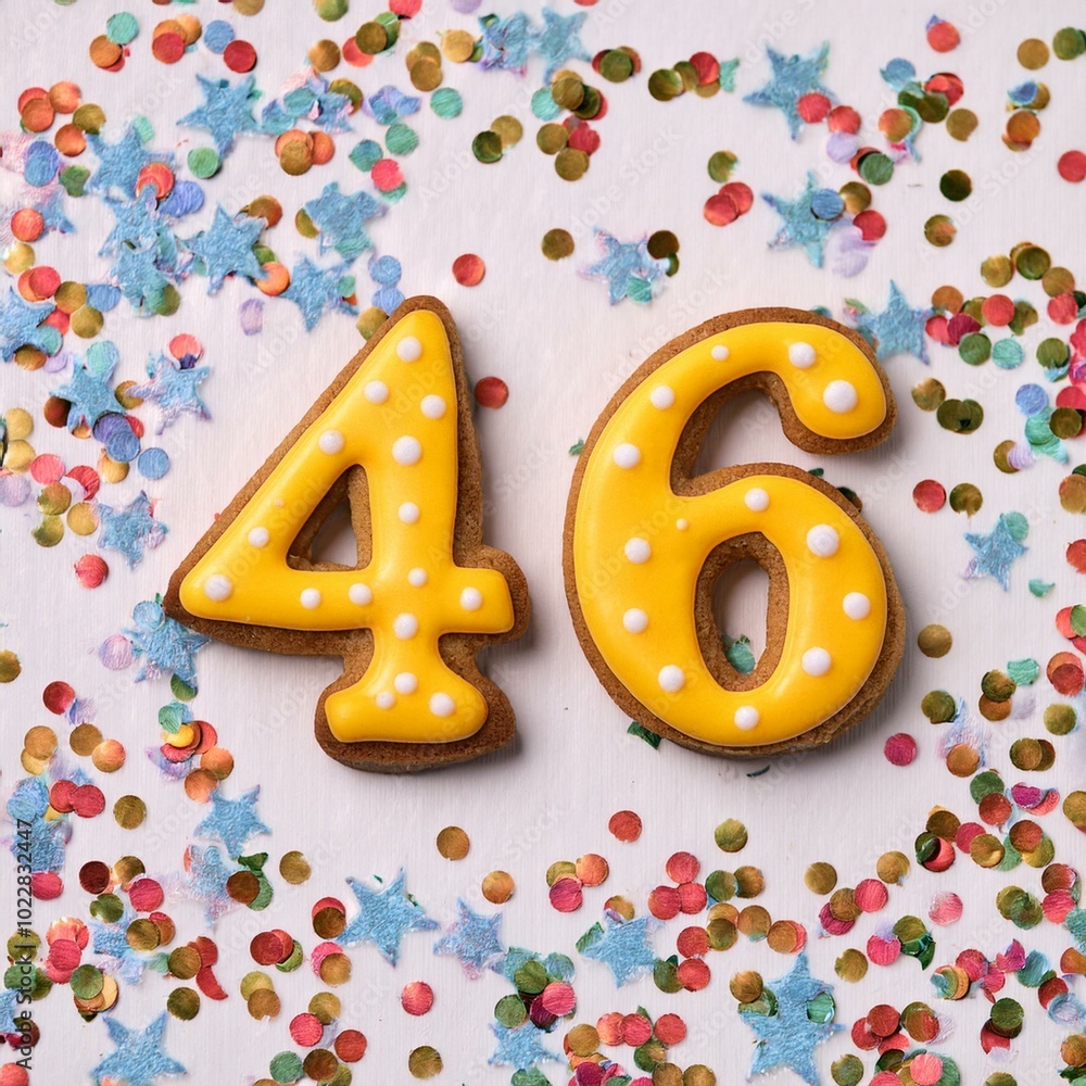 Decorated cookie, number 46, image for birthday or anniversary celebration Decorated cookie, number 46, image for birthday or anniversary celebration