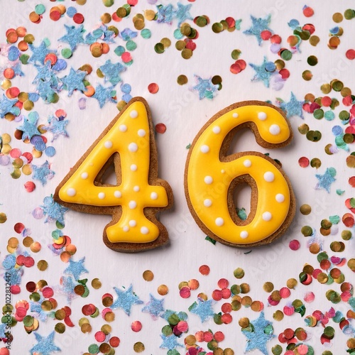 Decorated cookie, number 46, image for birthday or anniversary celebration