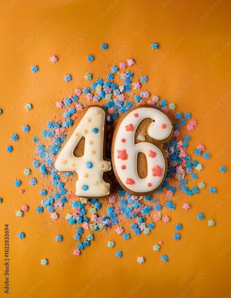 Decorated cookie, number 46, image for birthday or anniversary celebration Decorated cookie, number 46, image for birthday or anniversary celebration