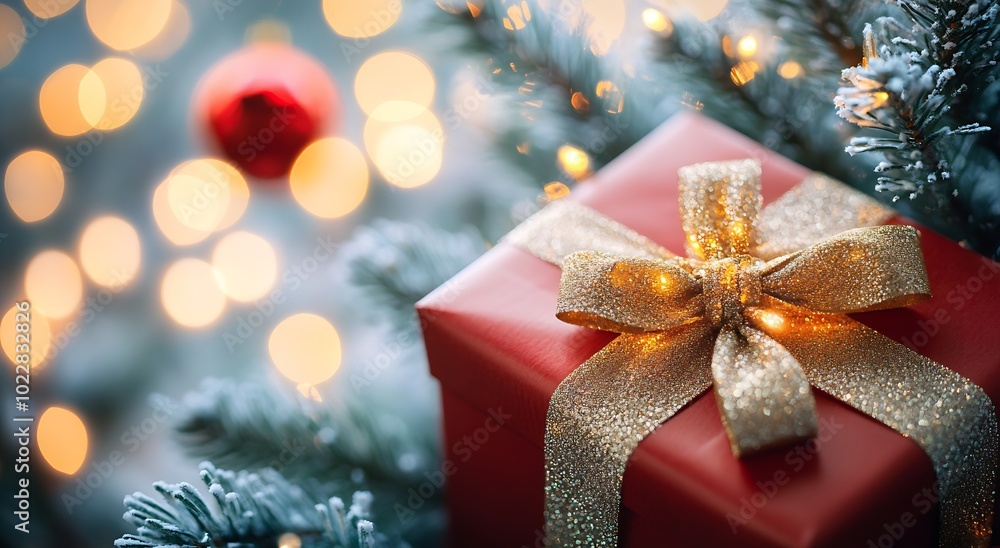 a red Christmas present gift box with a golden bow on a tree branch against a blurred background : Generative AI a red Christmas present gift box with a golden bow on a tree branch against a blurred background : Generative AI