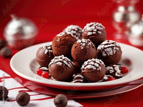 Chocolat ice cream balls in nice plate on red background. Chocolate ice cream on bright red 