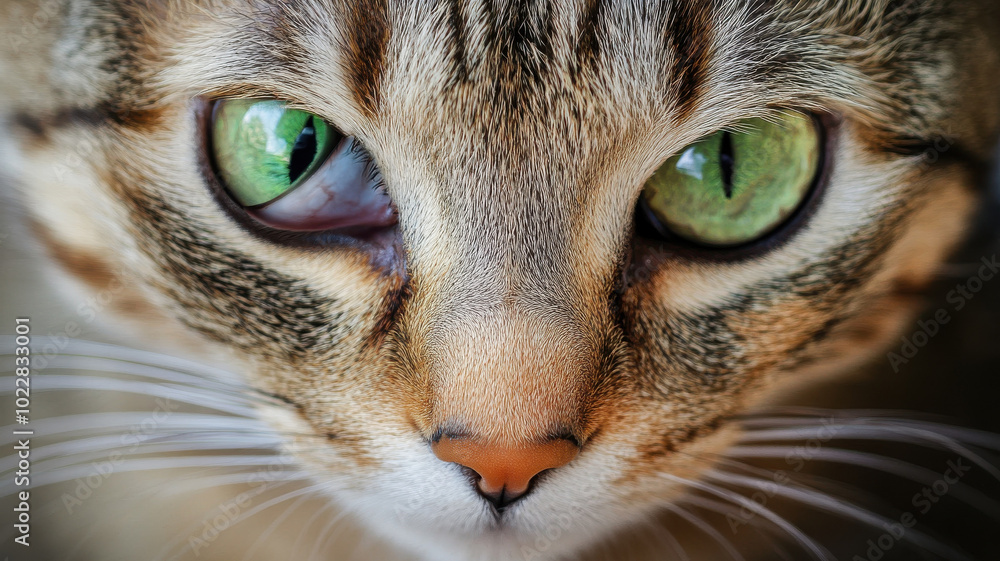 Horner's syndrome cat with big green eyes and third eyelid showing gazes curiously, showcasing its eye problem Horner's syndrome cat with big green eyes and third eyelid showing gazes curiously, showcasing its eye problem