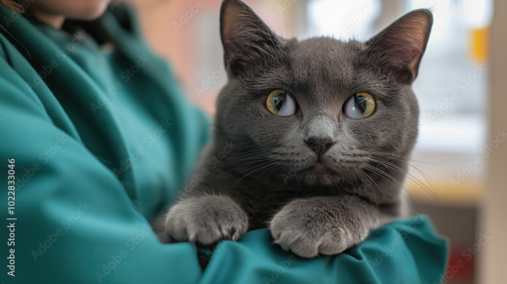 Haw's syndrome Russian Blue cat with large third eyelids being held gently, showcasing its unique features Haw's syndrome Russian Blue cat with large third eyelids being held gently, showcasing its unique features