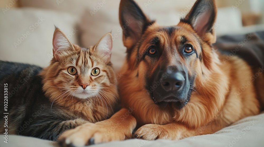 Cute German shepherd dog with cat and veterinarian on light background : Generative AI Cute German shepherd dog with cat and veterinarian on light background : Generative AI