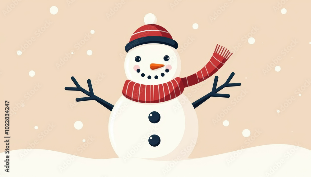 Snowman with Red Scarf and Hat in Snowy Cartoon Scene Snowman with Red Scarf and Hat in Snowy Cartoon Scene