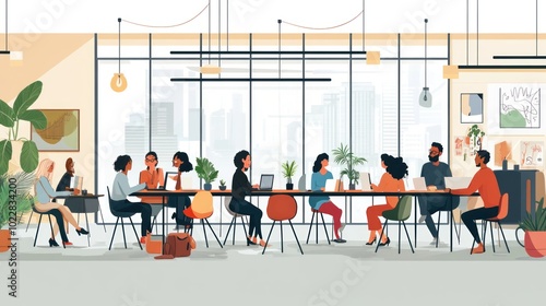 A diverse group of people engaged in a collaborative meeting in a modern workspace.